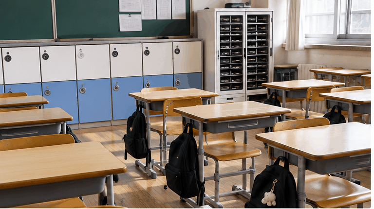 A Korean secondary classroom with a phone charging cabinet standing against the back wall
