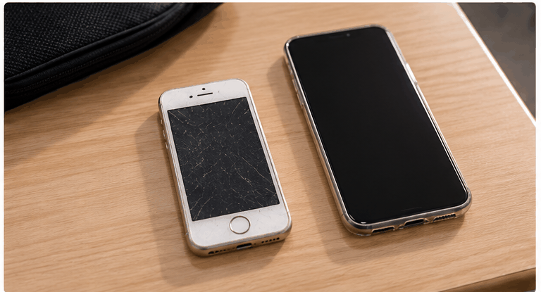 An older handset lying on a desk beside the newer phone a student actually carries